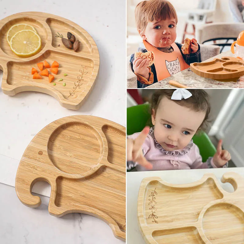 Assiette Ventouse Éléphant en Bois de Bambou pour Bébé | Repas Sains & Amusants