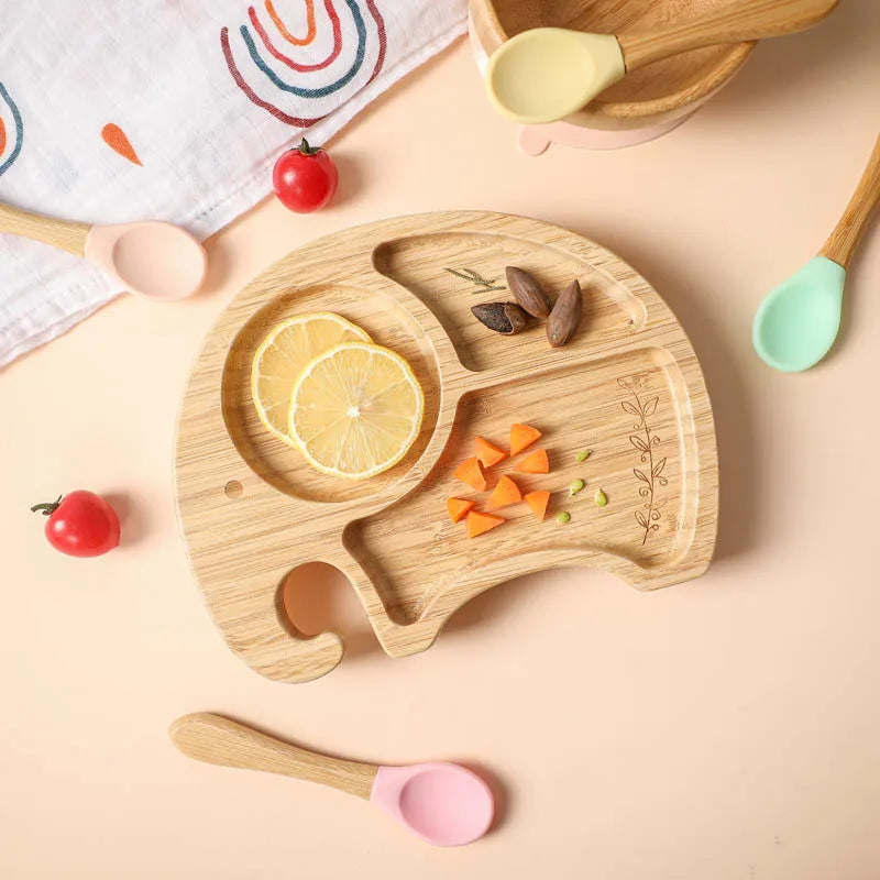 Assiette Ventouse Éléphant en Bois de Bambou pour Bébé | Repas Sains & Amusants