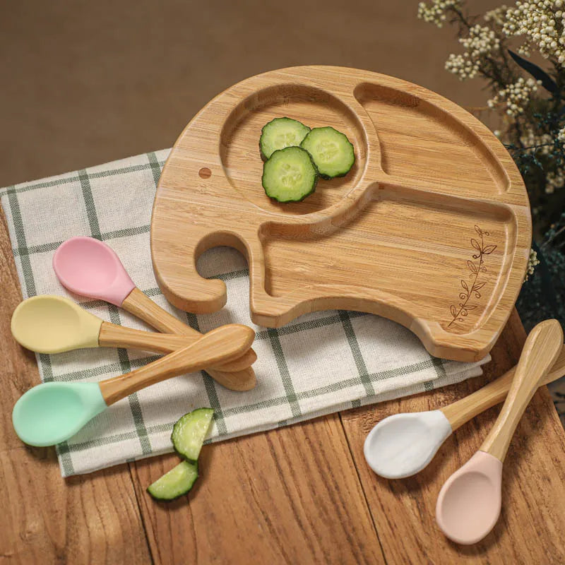 Assiette Ventouse Éléphant en Bois de Bambou pour Bébé | Repas Sains & Amusants