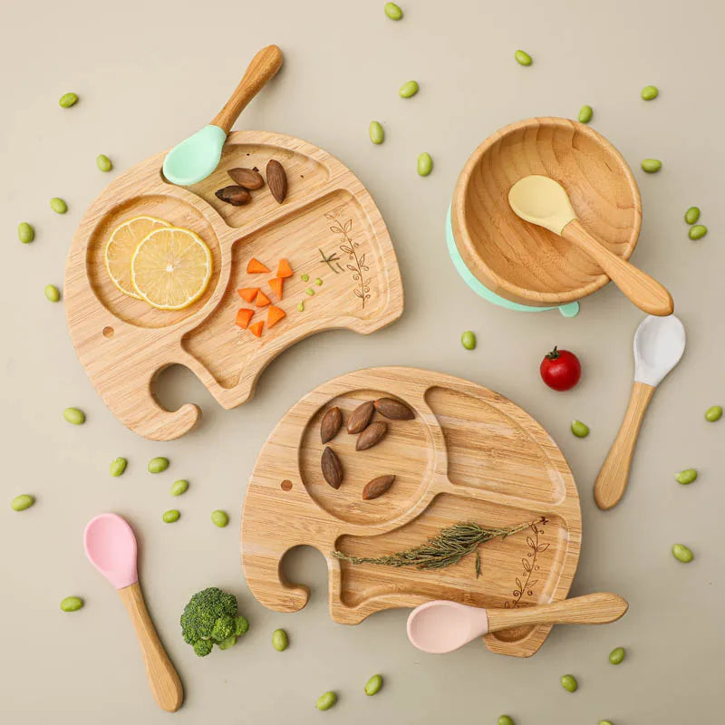 Assiette Ventouse Éléphant en Bois de Bambou pour Bébé | Repas Sains & Amusants