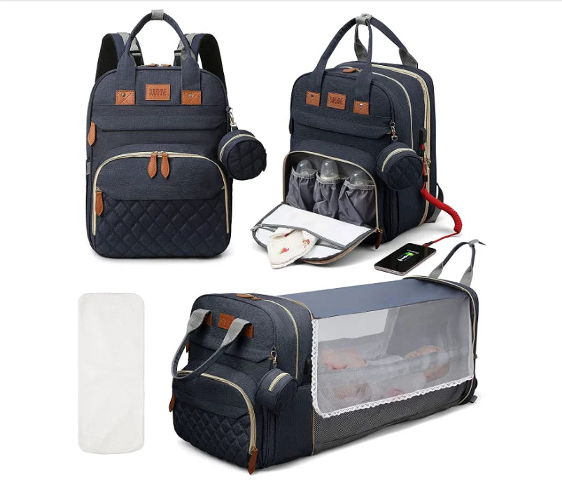 Sac à dos à langer 3-en-1 avec Lit Nomade & USB | Le Compagnon de Voyage Ultime