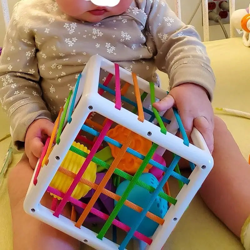 Jouet d'Éveil Sensoriel Montessori | Cube de Tri Élastique Arc-en-Ciel