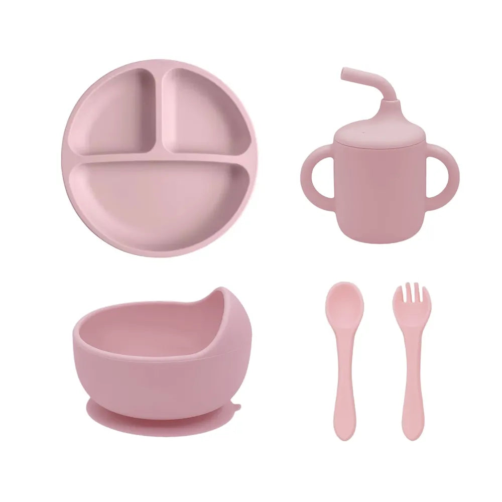 Coffret Repas Bébé en Silicone 5 Pièces | Assiette, Bol Ventouse, Gobelet et Couverts Sans BPA