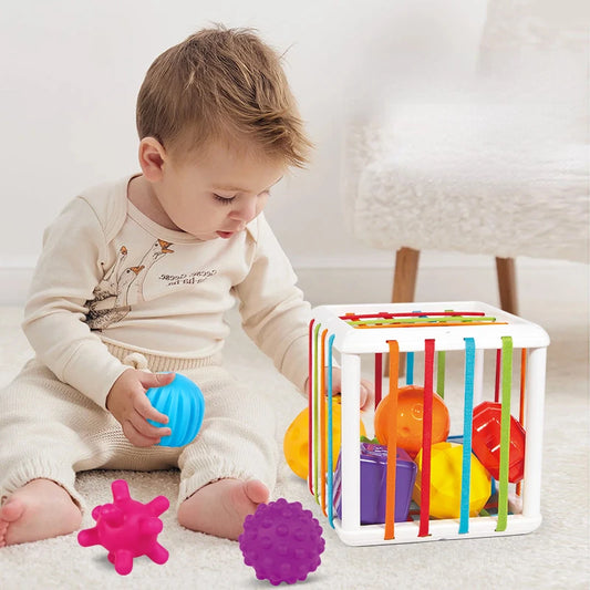 Jouet d'Éveil Sensoriel Montessori | Cube d'Exploration à Bandes Élastiques