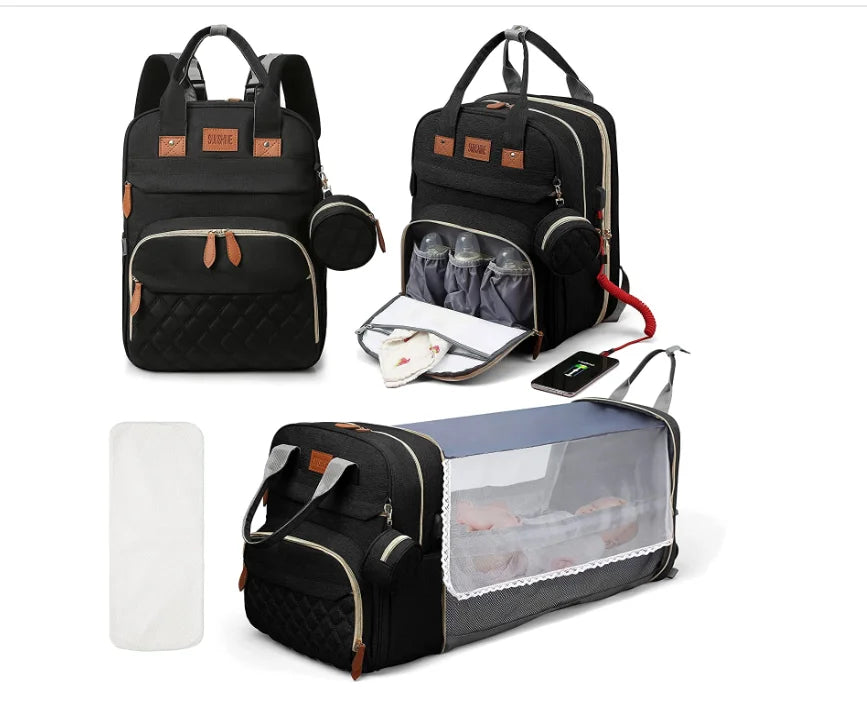 Sac à dos à langer 3-en-1 avec Lit Nomade & USB | Le Compagnon de Voyage Ultime