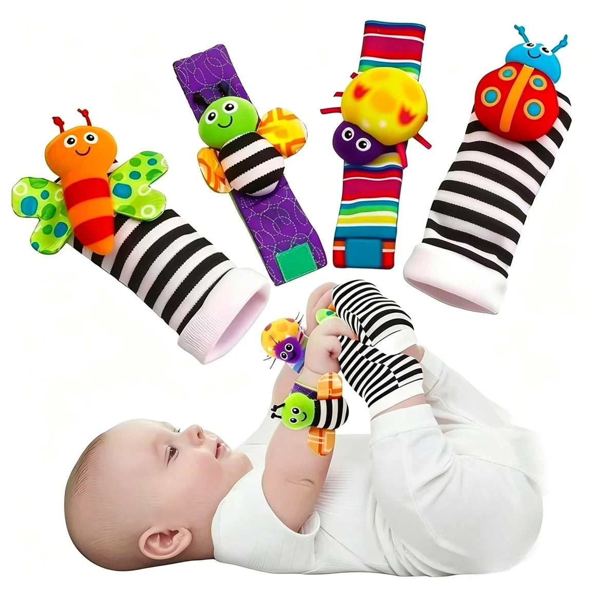 Lot de 4 Hochets d'Éveil Bébé | Chaussettes et Bracelets Sensoriels