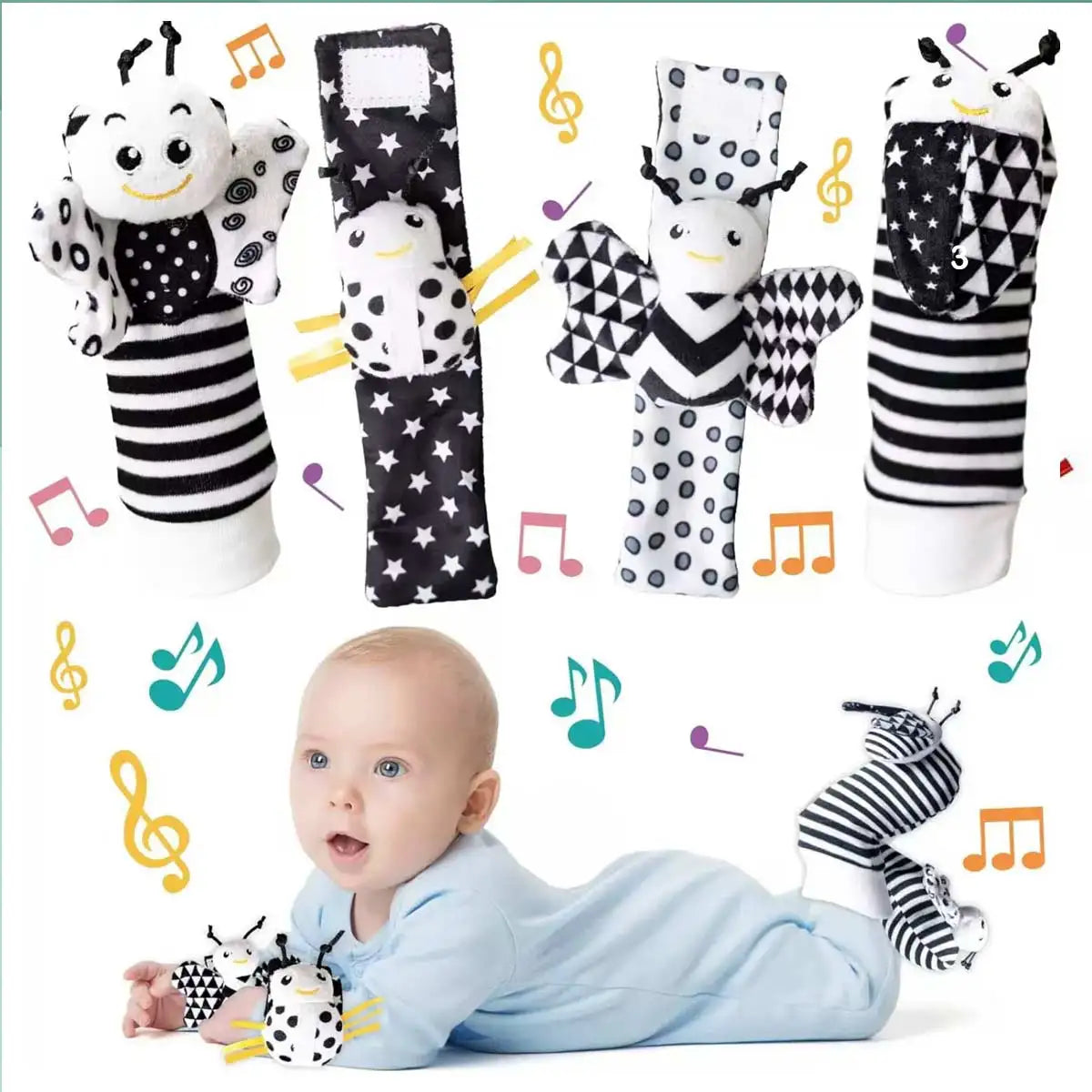 Lot de 4 Hochets d'Éveil Bébé | Chaussettes et Bracelets Sensoriels