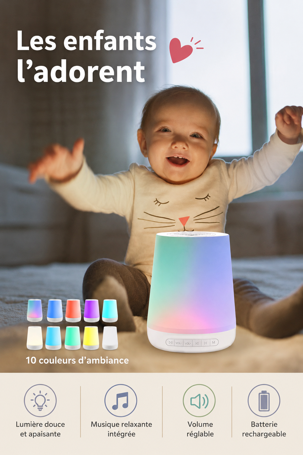 Veilleuse Bébé Rechargeable | Lumière Douce & 28 Sons Relaxants